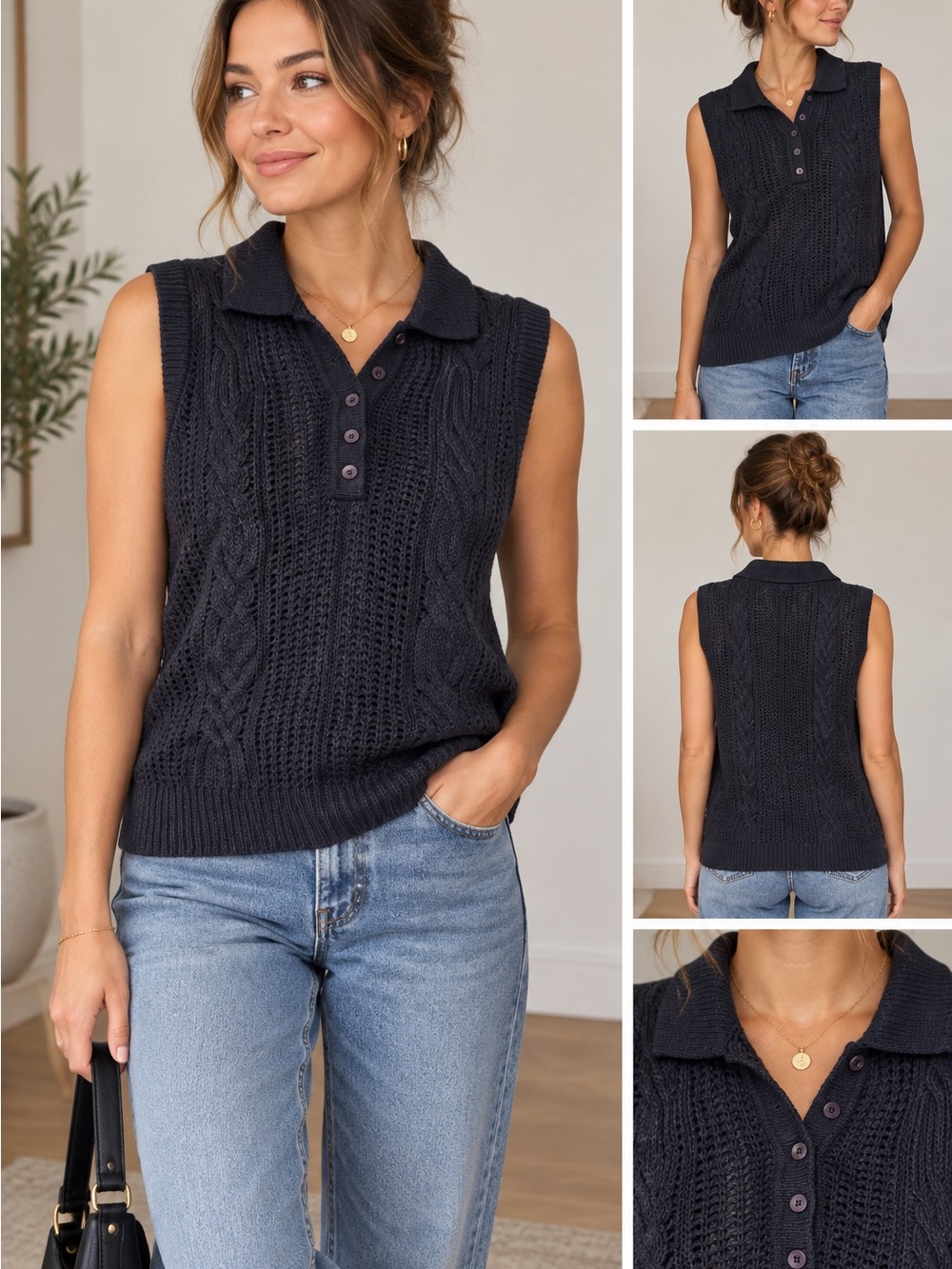 Sleeveless black Cable-Knit Polo Sweater Top -cotton & wool blend